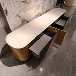 Art Deco Luxury TV Stand with White Marble Top Color Block Panels and Fluted Black Doors